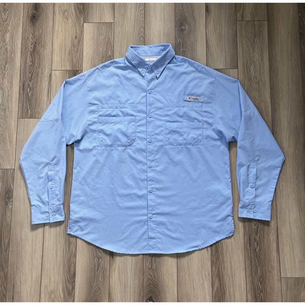 Columbia PFG Shirt Mens Sz L Light Blue Long Sleeve Vented Omni Shade Fishing